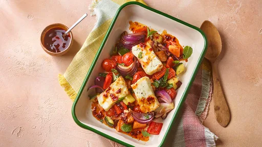 Air fryer halloumi with roasted veg