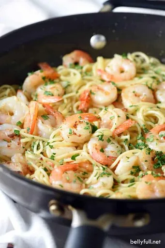 Pasta con gambas a la naranja y balsámico