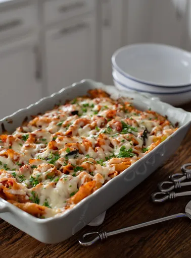 Pasta al horno con requesón y verduras asadas
