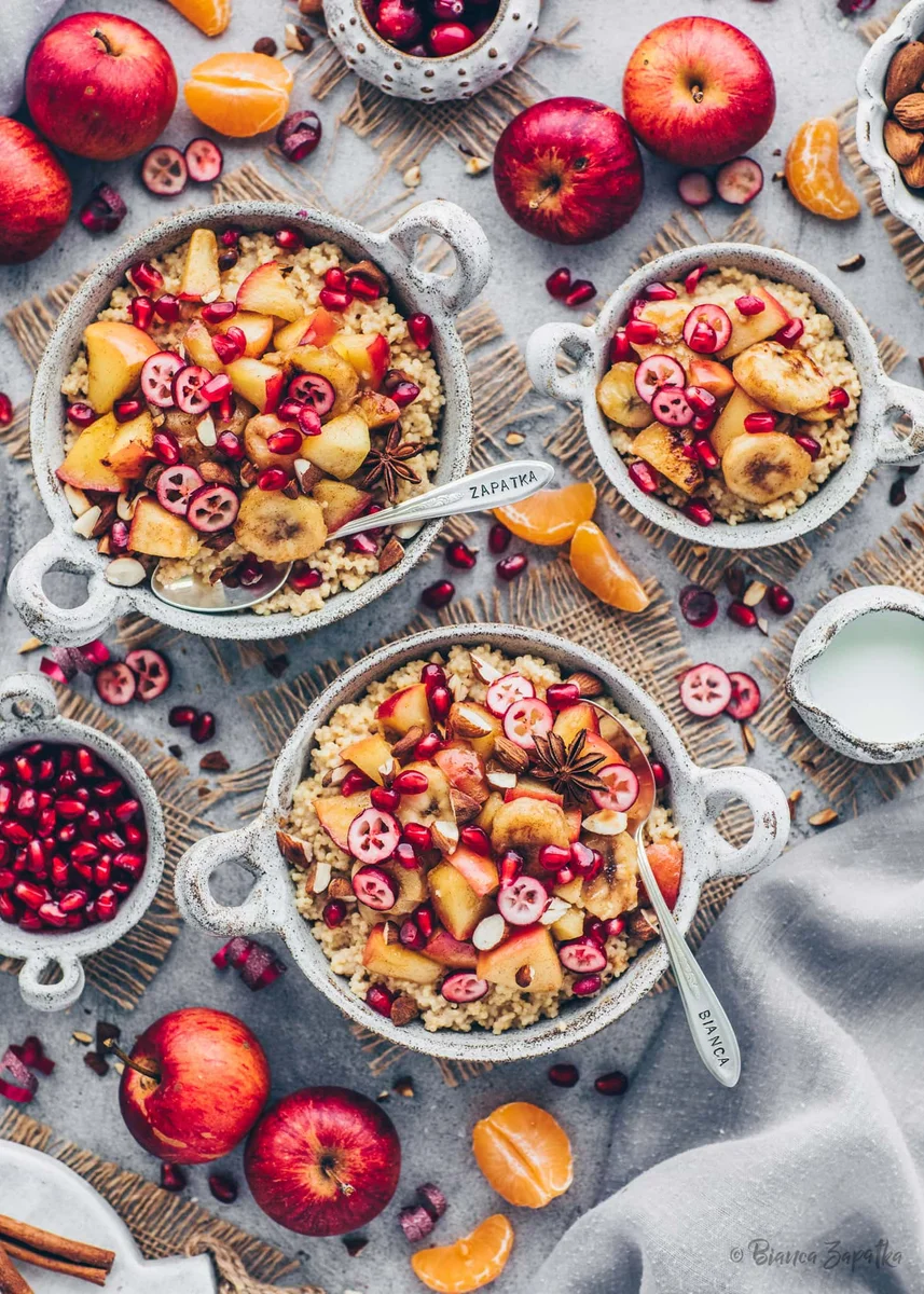 Millet Porridge with Cinnamon Apples, Bananas and Almonds