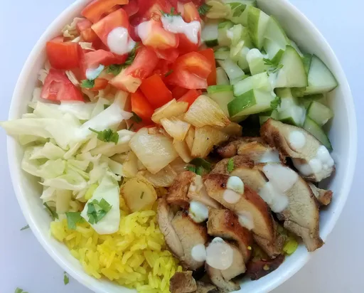 Chicken shawarma with tumeric rice bowl
