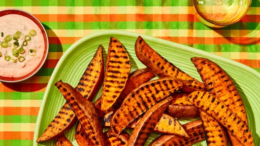 Grilled Sweet Potato Wedges with Creamy Barbecue Sauce and Guacamole