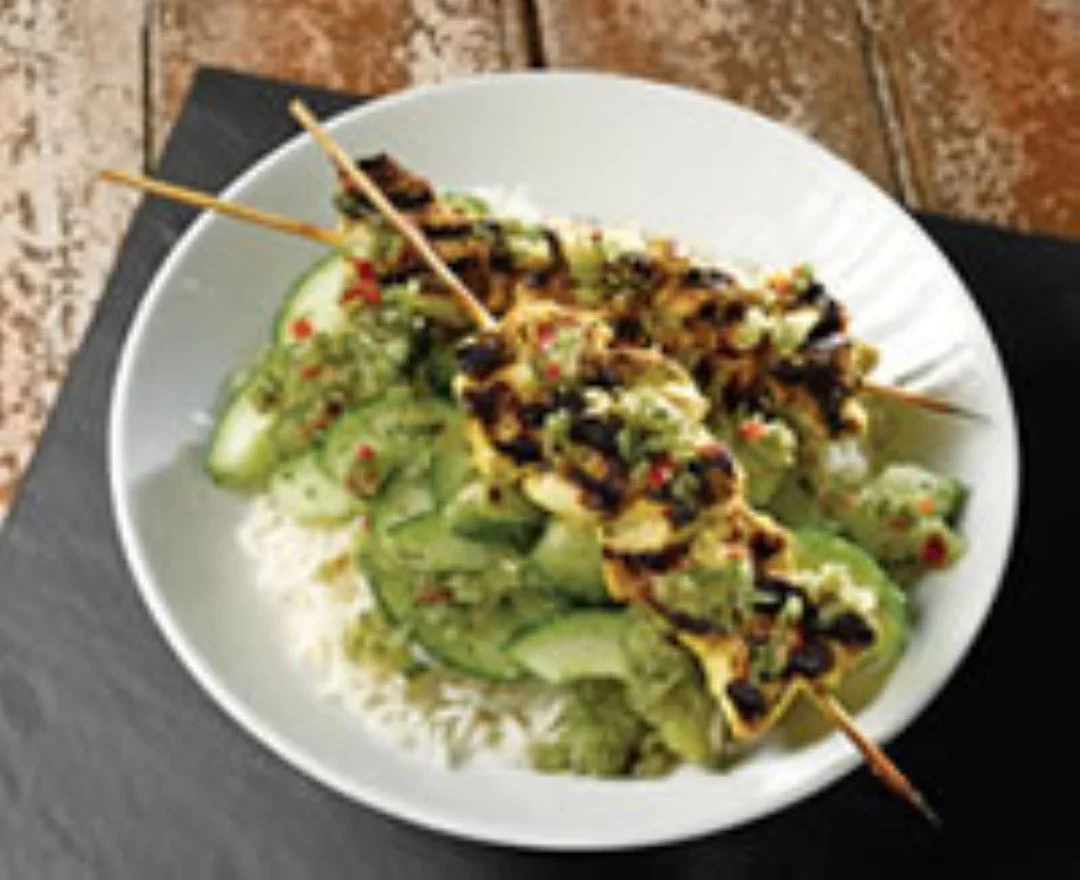 Chicken Tikka Kebabs with Cucumber and Coriander Relish