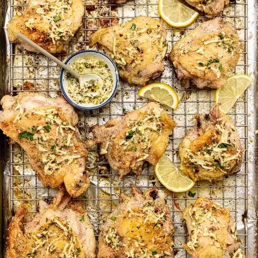 Muslos de pollo con hueso al horno crujientes (limón y parmesano)