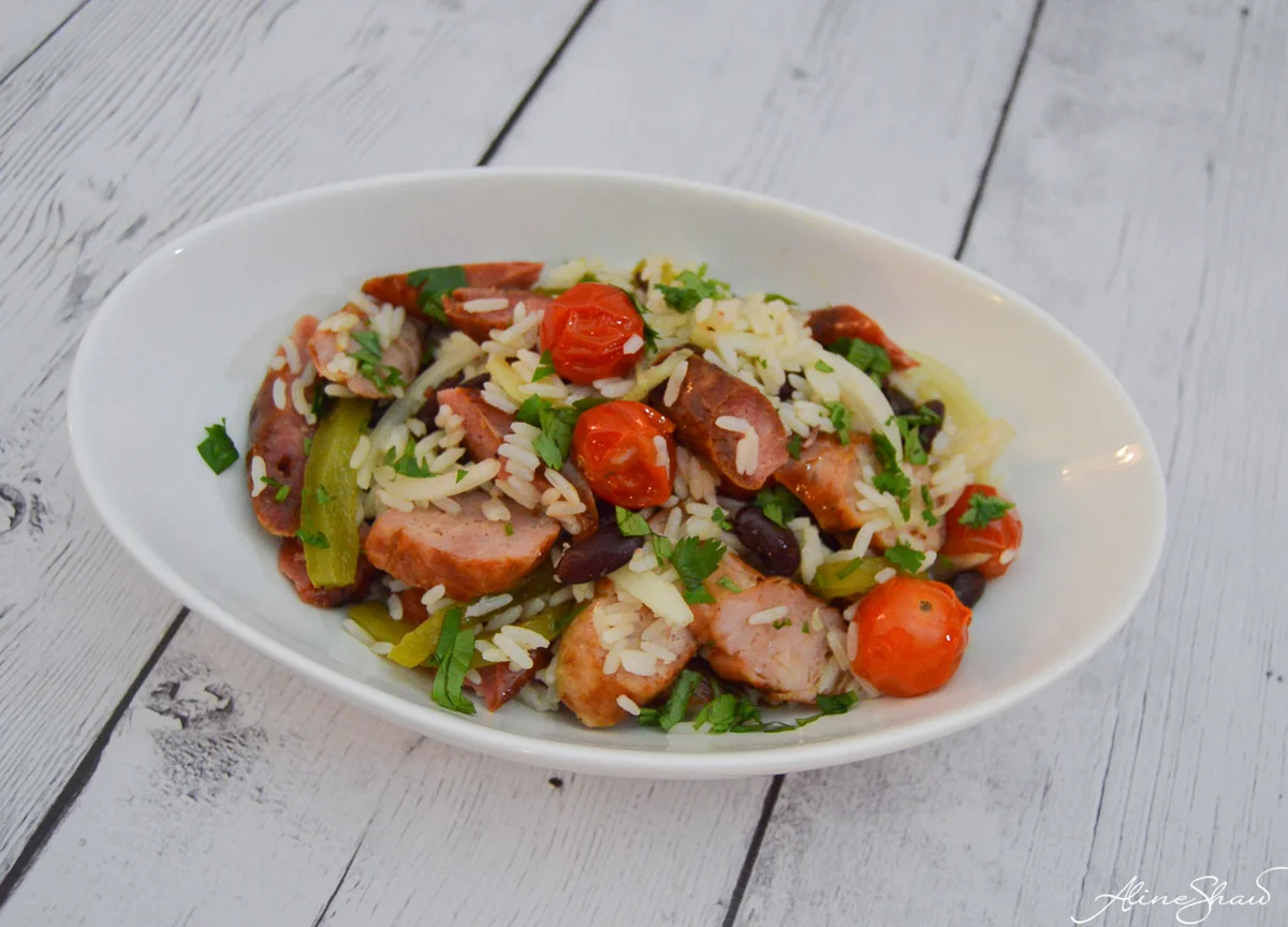 Warm Rice Salad with Pinto Beans, Linguiça and Grilled Vegetables Vinaigrette