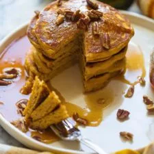 Pumpkin Pancakes with Spiced Maple Syrup