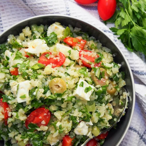 Ensalada de arroz de coliflor al estilo griego