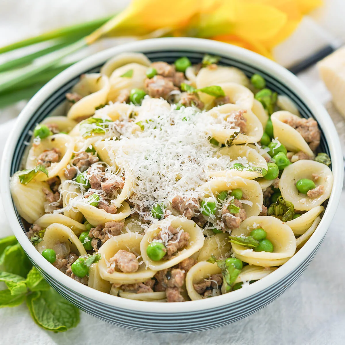 Pea and lamb pasta
