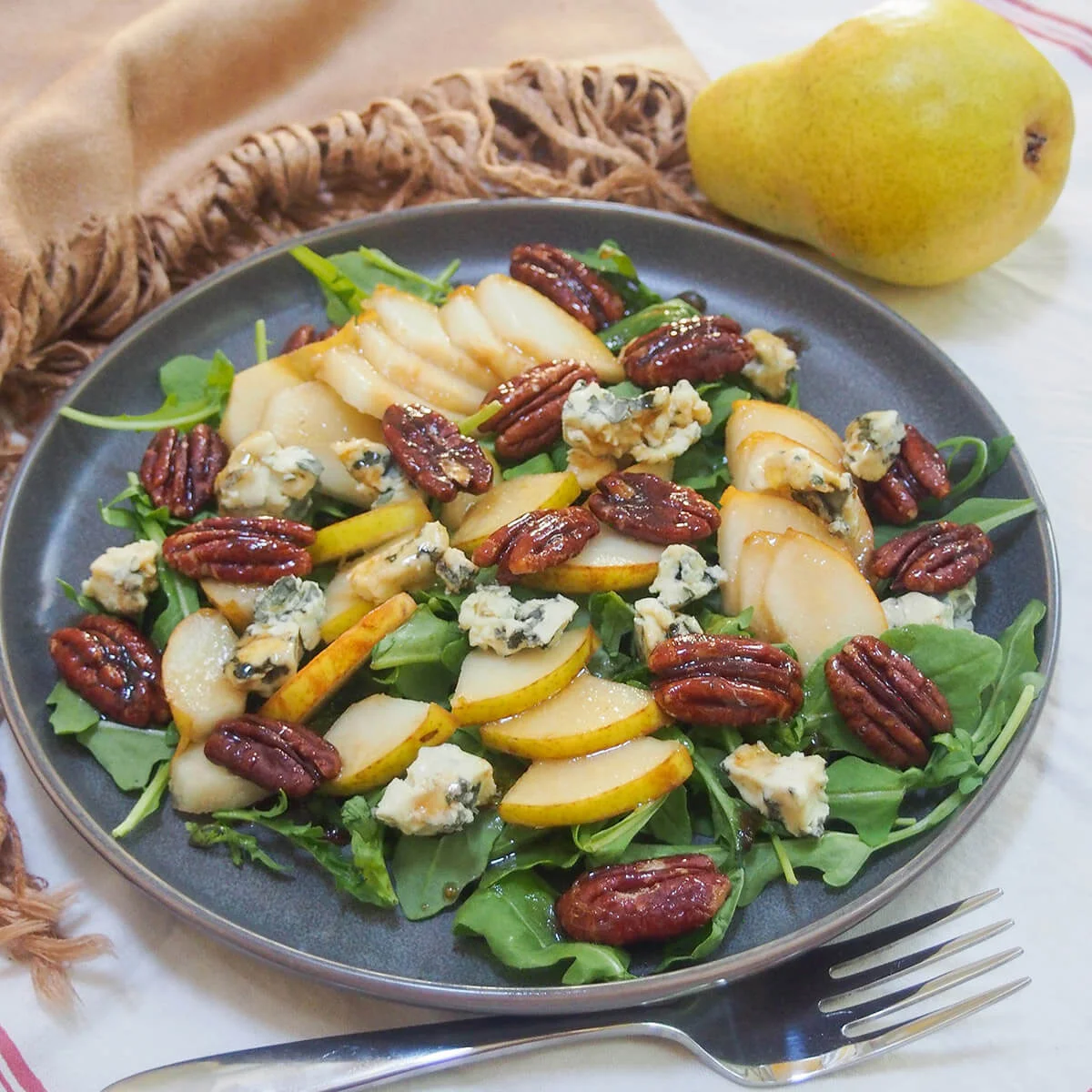 Pear gorgonzola salad with maple candied pecans