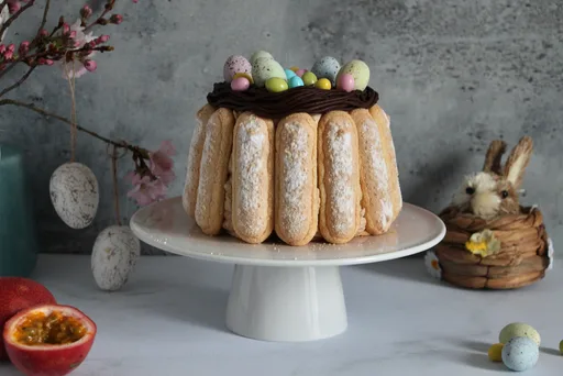 Carlota de chocolate con leche y fruta de la pasión
