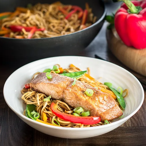 Soy and Sesame Salmon with Vegetable Chow Mein