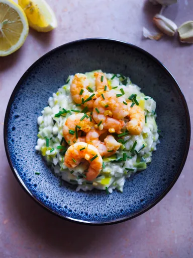 Risotto de gambas y puerros