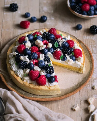 Tarta de limón, crema chantilly y frutos rojos