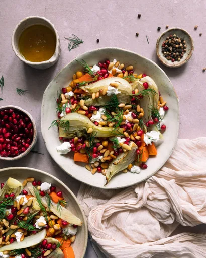 Légumes et pois chiches rôtis, fromage de chèvre et grenade
