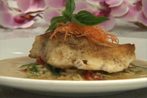 Pan Seared Chilean Sea Bass w/Zuchinni Linguini Mustard Cream Sauce