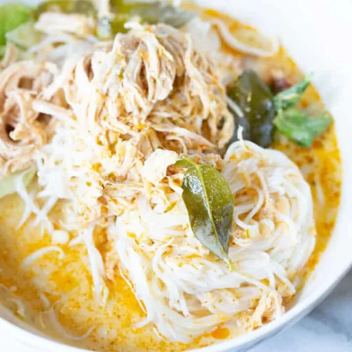 Authentic Laos Khao Poon - Red Coconut Curry Noodle Soup