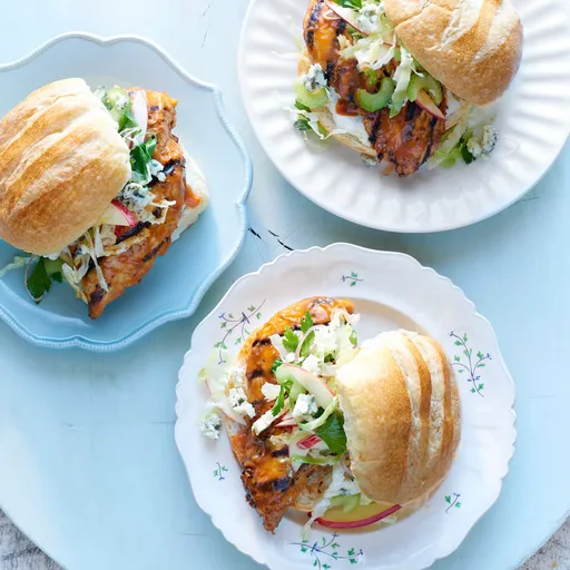 Grilled Buffalo Chicken Sandwiches with Blue Cheese Apple Slaw