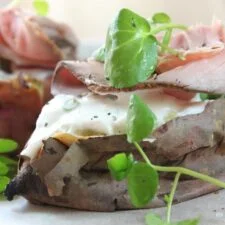 Baked Sweet Potatoes with Horseradish Cream and Rare Roast Beef