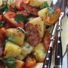 Crispy Fried Potatoes with Chorizo and Ripe Tomatoes
