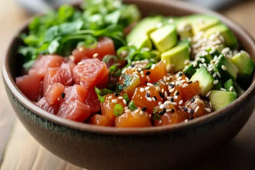 Bol de poke con salmón marinado en soja, miel y sésamo