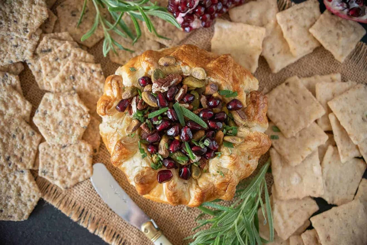 Baked Brie with Pistachios Pomegranate and Rosemary