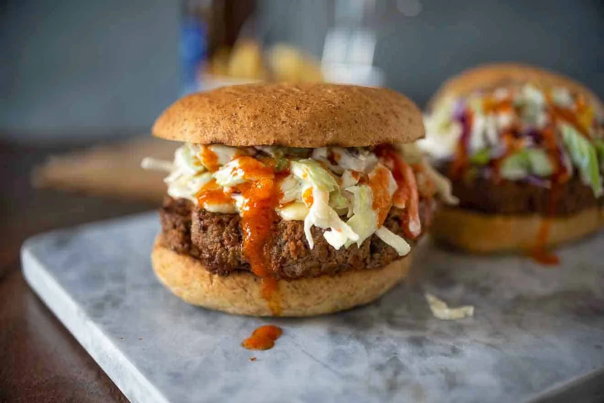 Buffalo Sauce Burgers with Blue Cheese Celery Slaw