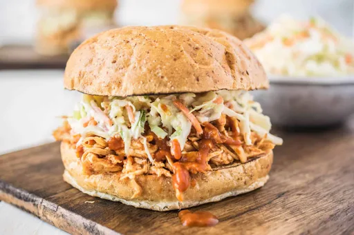 BBQ Shredded Chicken Sandwich with Coleslaw