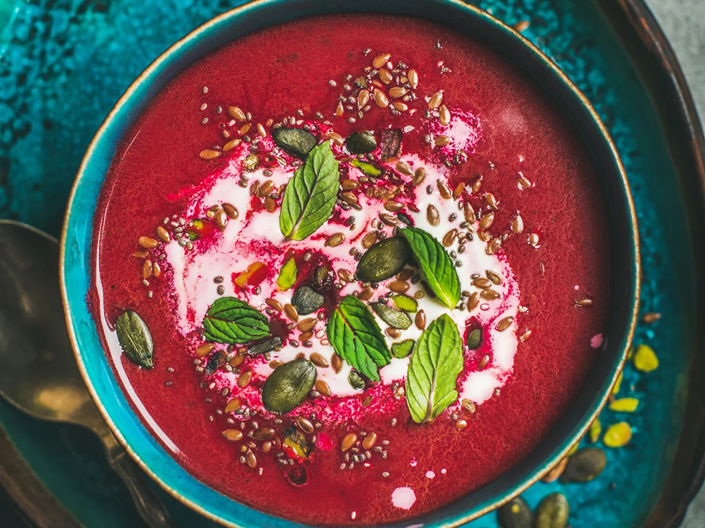 Beetroot Soup With Spicy Seeds And Coconut Milk