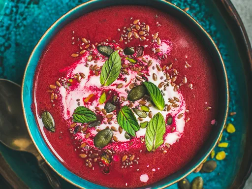 Beetroot Soup With Spicy Seeds And Coconut Milk