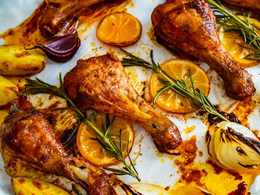Muslos de pollo al horno con naranjas, cebollas y romero, bajos en carbohidratos
