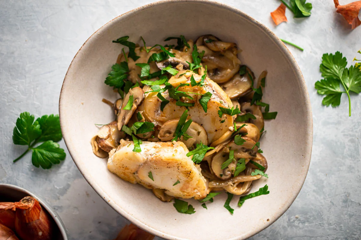 Monkfish Sautéed With Portobello Mushrooms, Shallots And Herbs