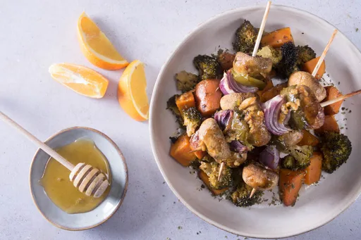 Mushroom Skewers With Roasted Sweet Potatoes and Broccoli