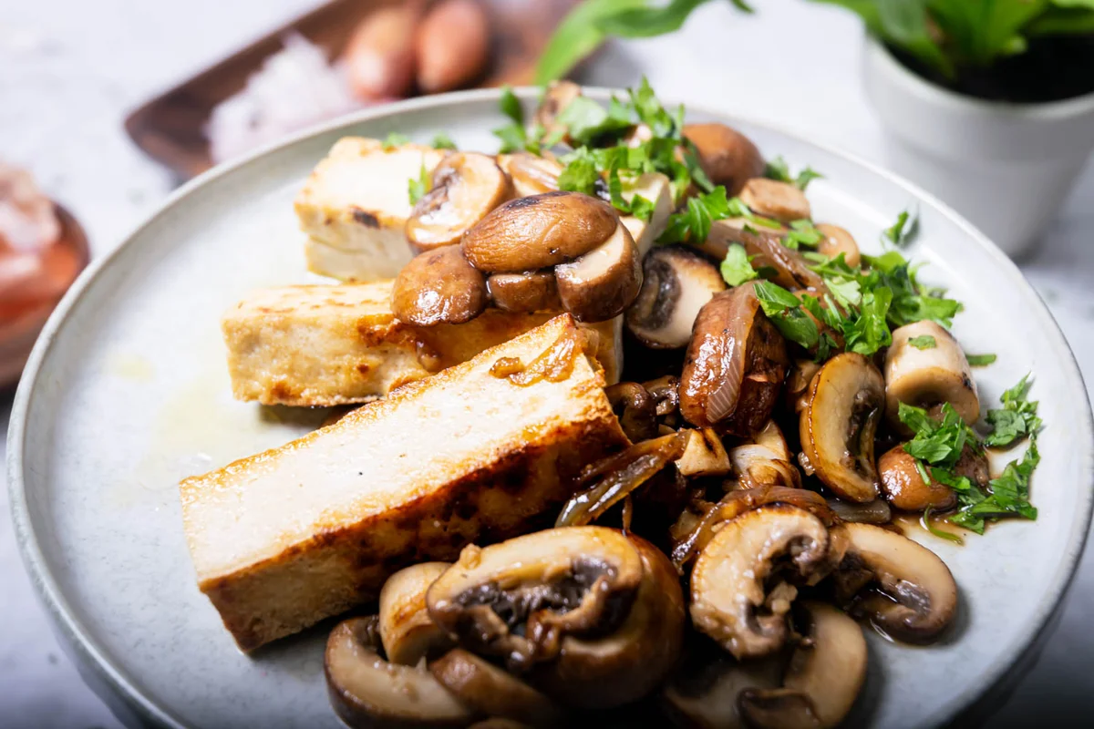 Seared Tofu With Portobello Mushrooms, Shallots And Herbs