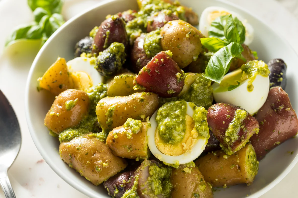 Warm Greek Potato Salad with Feta Cheese Pesto & Kalamata Olives