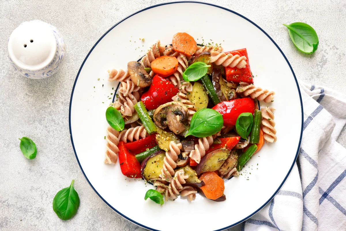 Whole Wheat Fusilli With Grilled Vegetables and Mushroom Broth