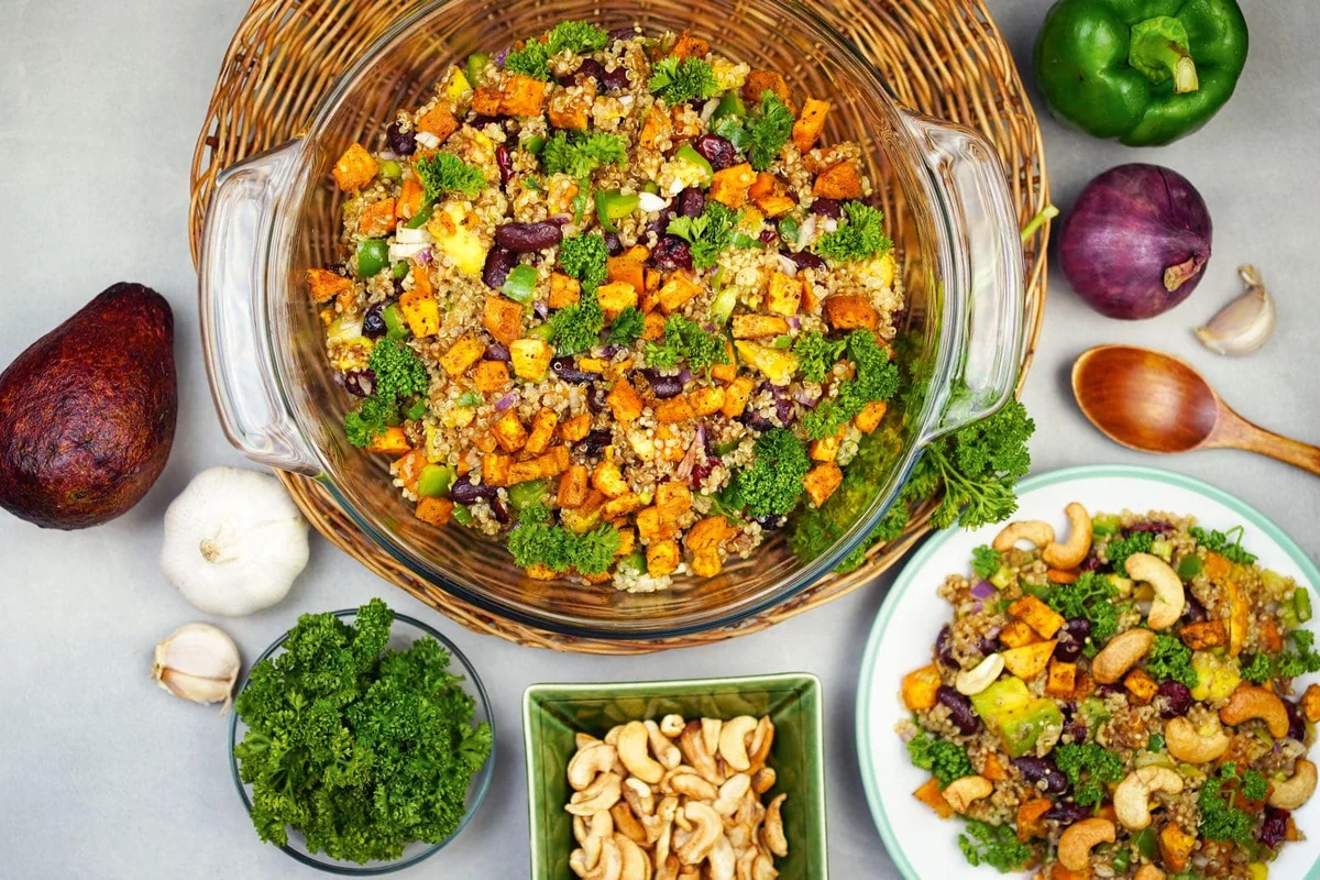 Quinoa rainbow fiesta with roasted sweet potatoes & zesty vinaigrette