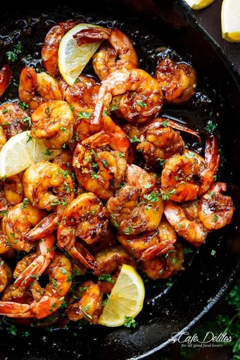Gambas al ajillo, miel y mantequilla tostada