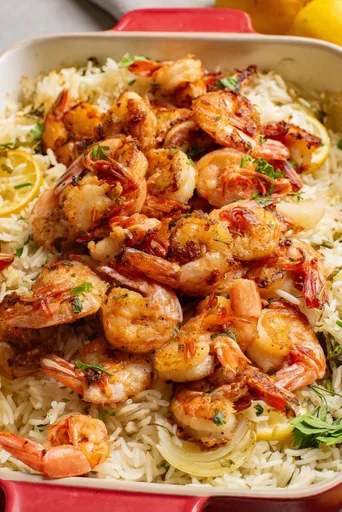 Baked Lemon Herb Rice with Garlic Butter Shrimp