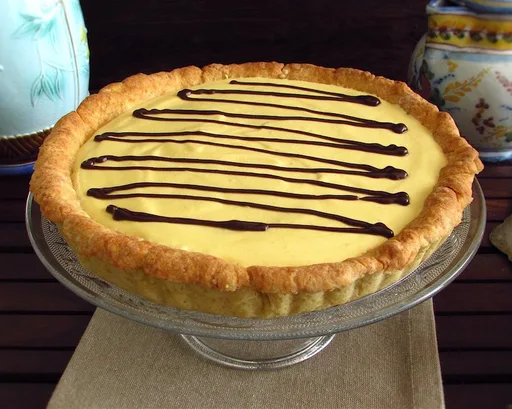 Mango pie garnished with chocolate