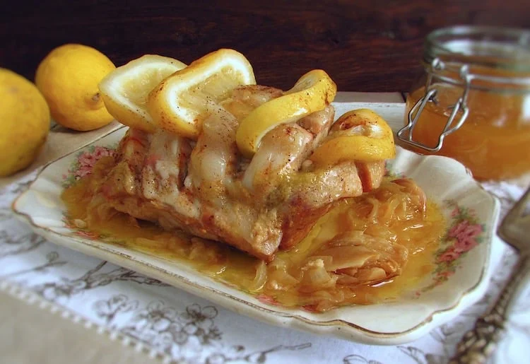 Stewed pork loin with lemon and honey