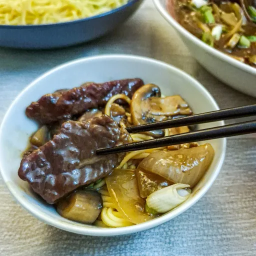 Beef and mushroom stirfry with onions