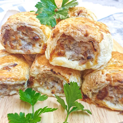 Cheese and onion pork sausage rolls