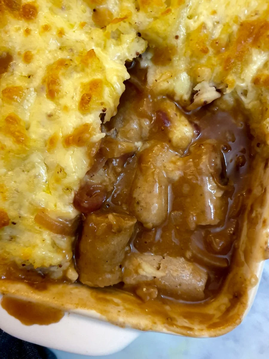 Sausage cottage pie with onion gravy