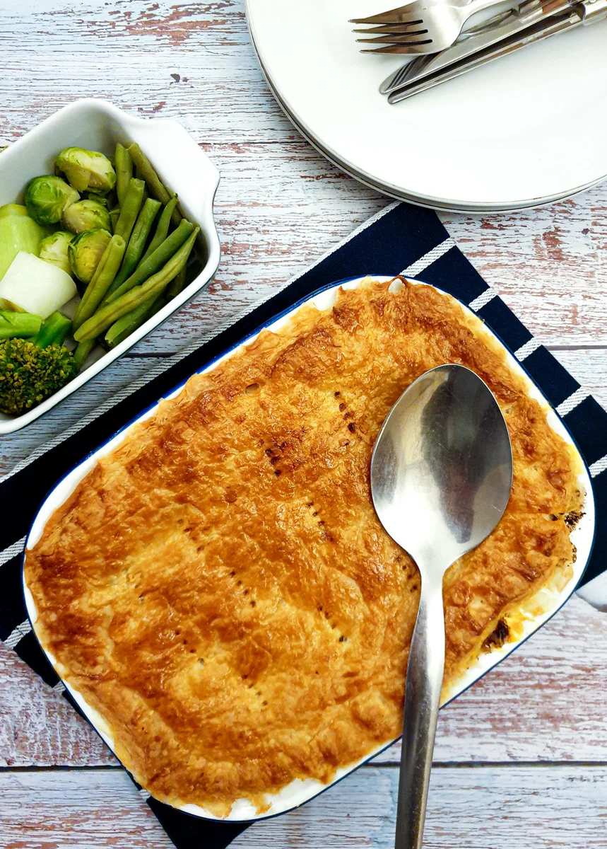 Steak and mushroom pie with crispy puff pastry