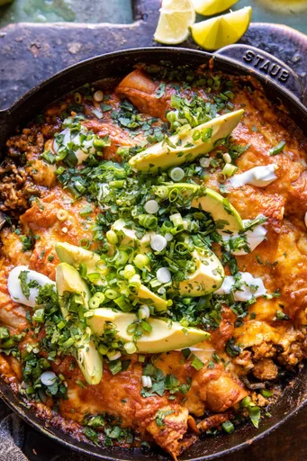 One Skillet Buffalo Ranch Chicken Enchiladas