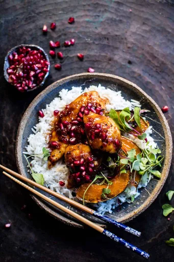 Sheet Pan Sticky Pomegranate Chicken and Honey Roasted Squash.