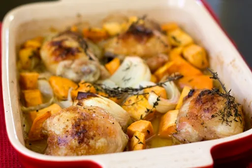 Pollo arrosto all'acero con patate dolci