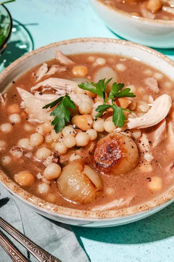 Lebanese Moghrabieh (Pearl Couscous Stew)