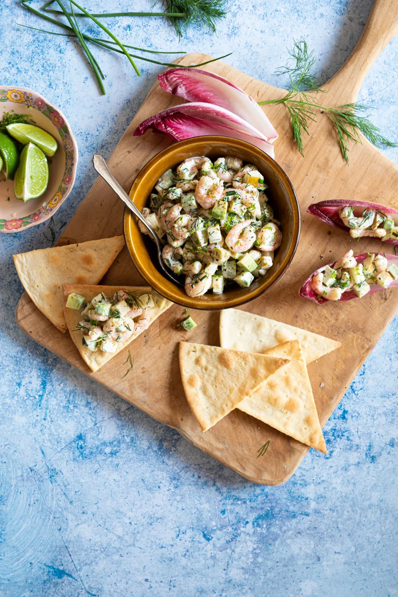 Bouchées de crevettes nordiques, lime et poires