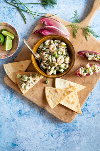 Bouchées de crevettes nordiques, lime et poires